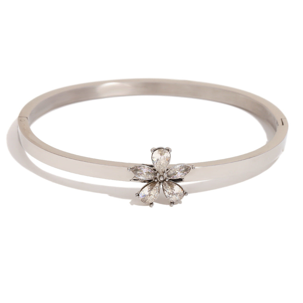 Pave Flower Slim Hinged Bangle Bracelet - Steel