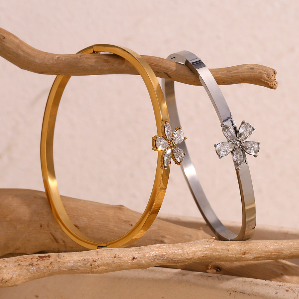 Pave Flower Slim Hinged Bangle Bracelet