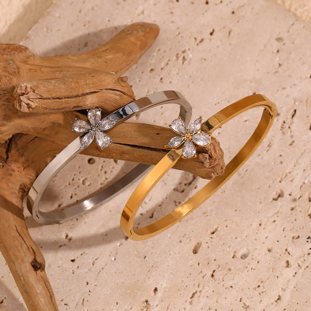 Pave Flower Slim Hinged Bangle Bracelet - view 1