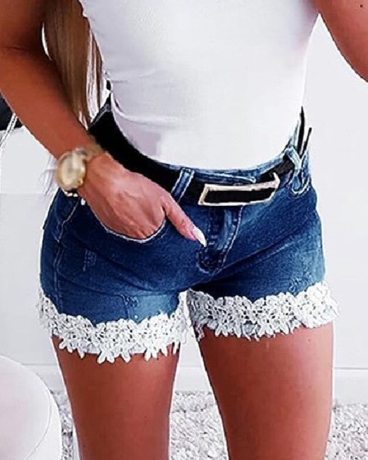 Crochet Lace Hem Denim Shorts - Dark-Blue