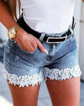 Crochet Lace Hem Denim Shorts - Light-Blue