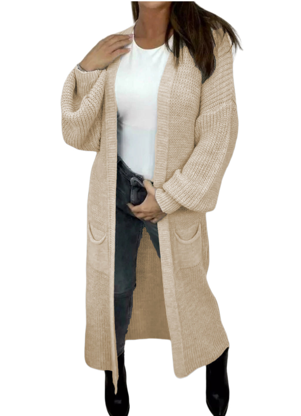 Floor Length Open Front Maxi Cardigan - Apricot
