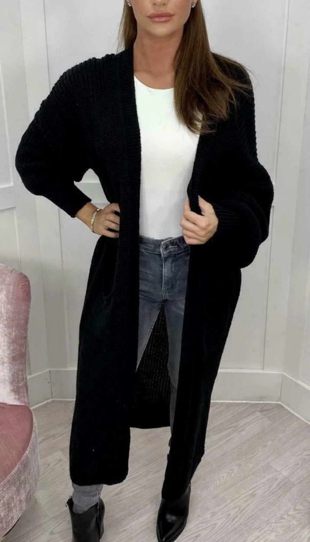 Floor Length Open Front Maxi Cardigan - Black