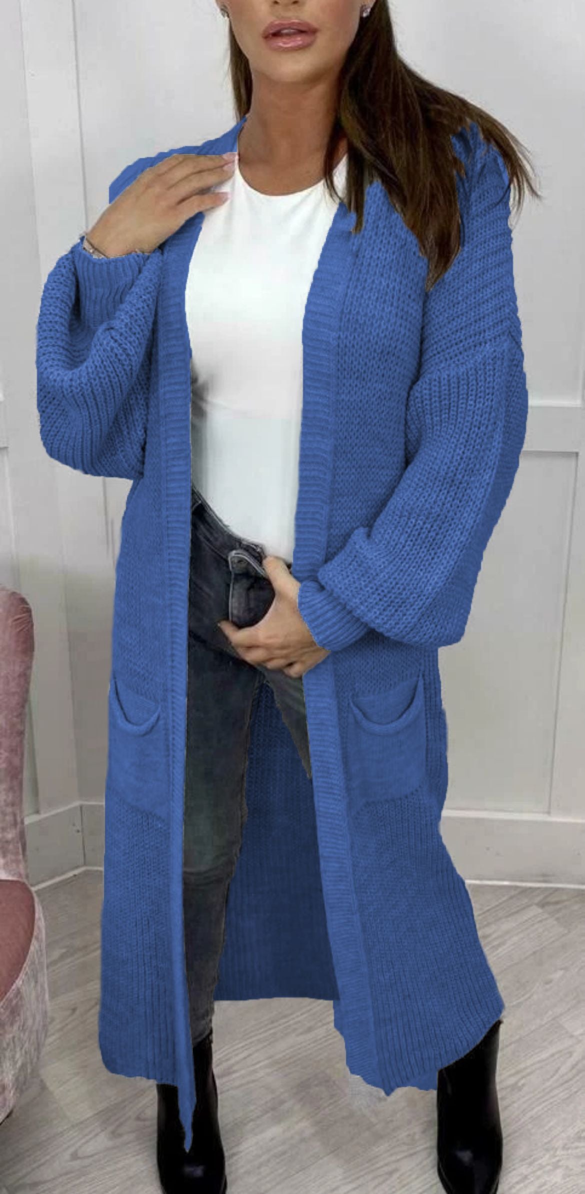 Floor Length Open Front Maxi Cardigan - Blue