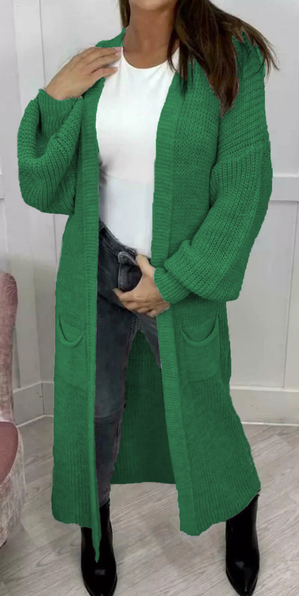 Floor Length Open Front Maxi Cardigan - Green