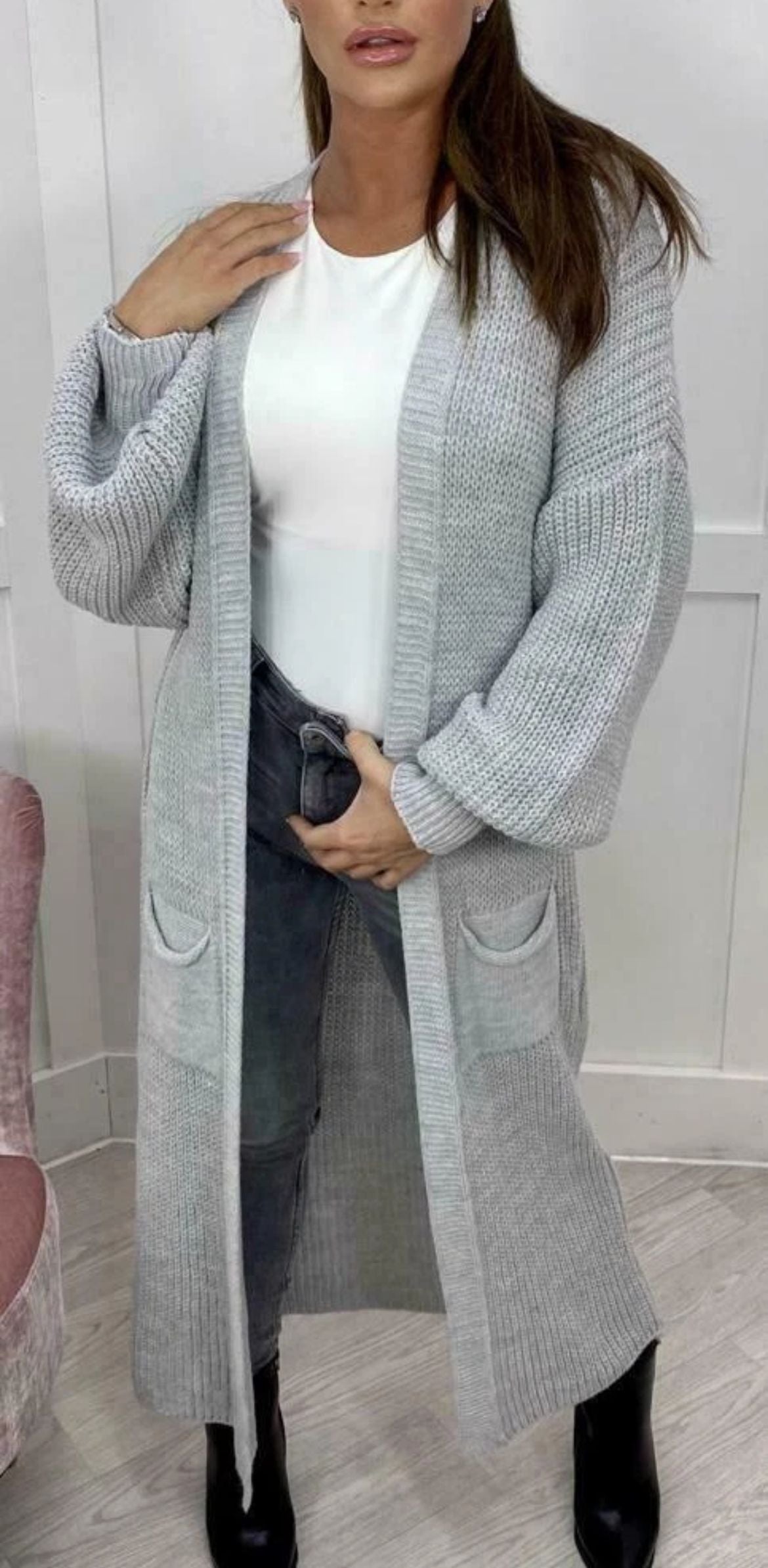 Floor Length Open Front Maxi Cardigan - Grey