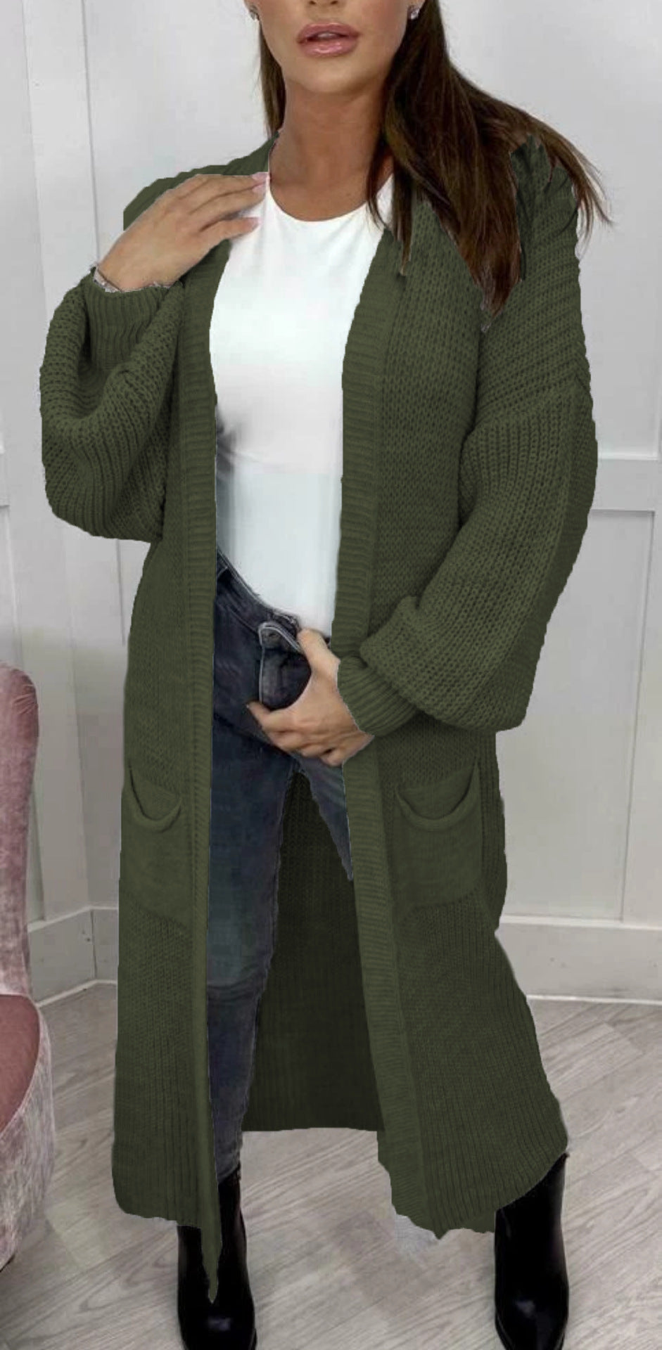 Floor Length Open Front Maxi Cardigan - Olive