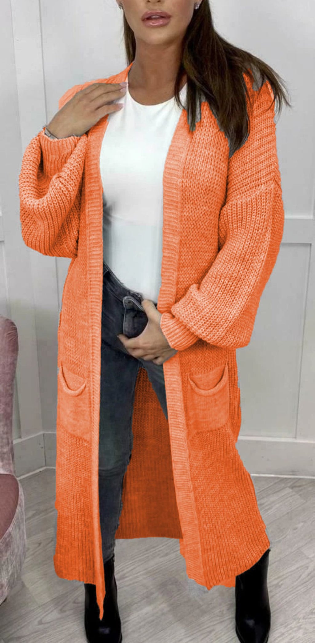Floor Length Open Front Maxi Cardigan - Orange