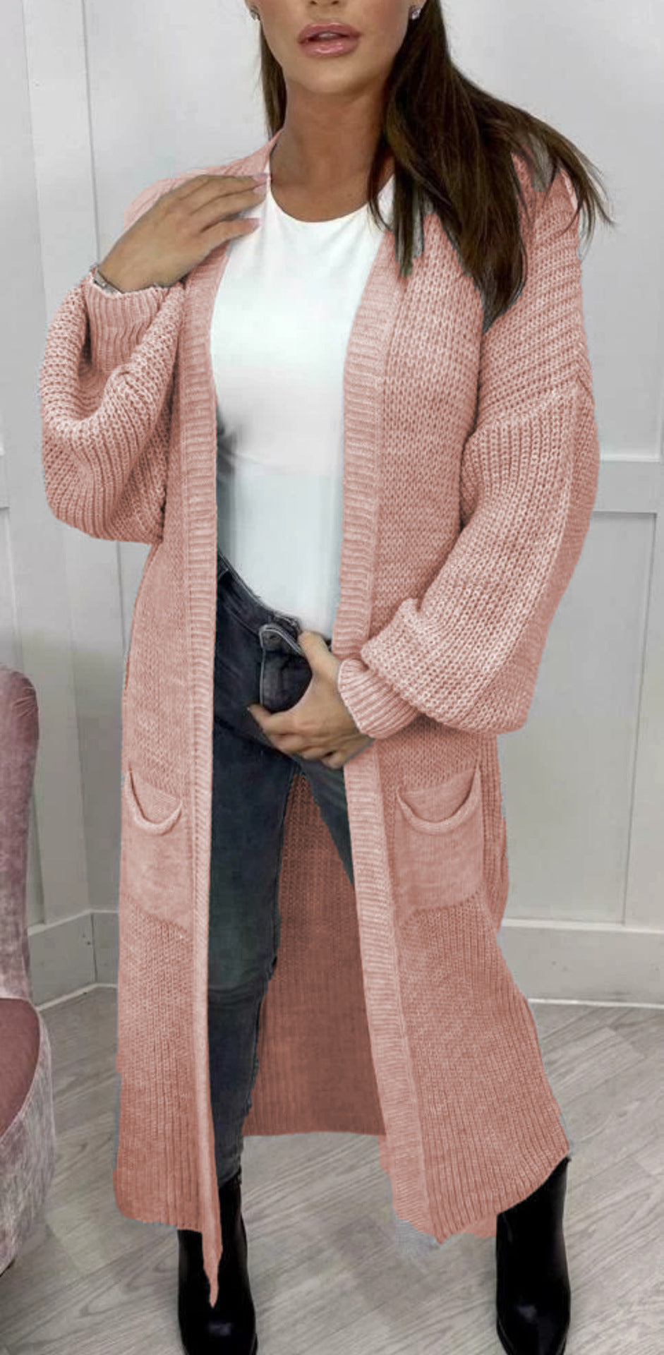 Floor Length Open Front Maxi Cardigan - Pink