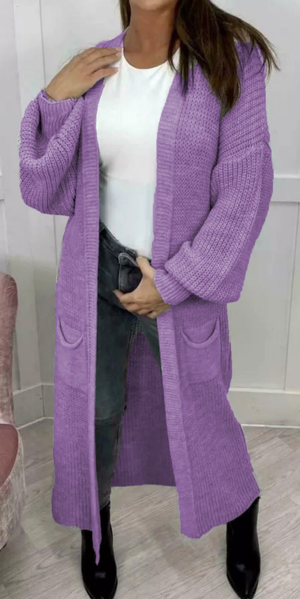 Floor Length Open Front Maxi Cardigan - Purple