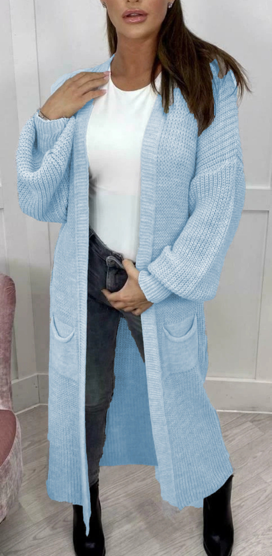 Floor Length Open Front Maxi Cardigan - SkyBlue