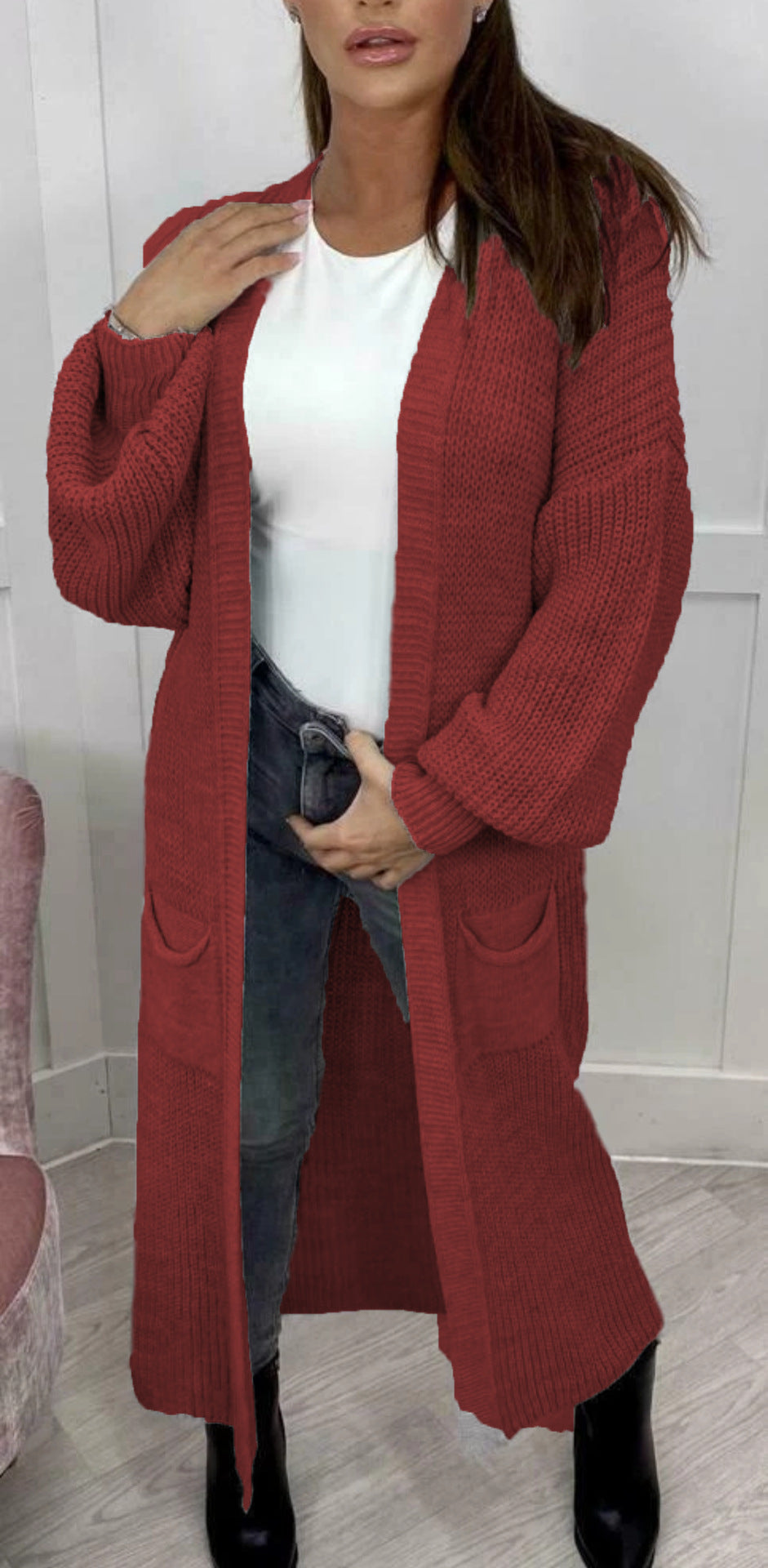Floor Length Open Front Maxi Cardigan - Winered