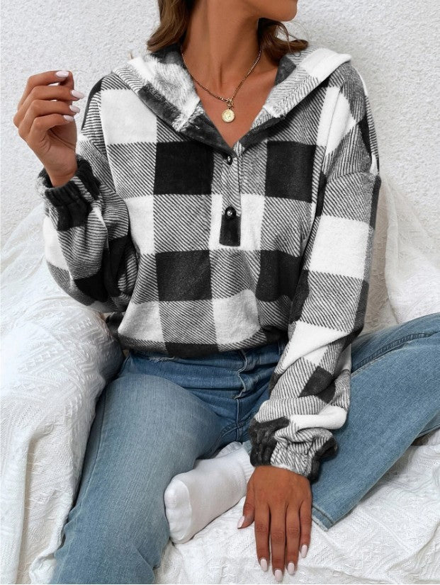 Buffalo Plaid Quarter Zip Cropped Hoodie - Black
