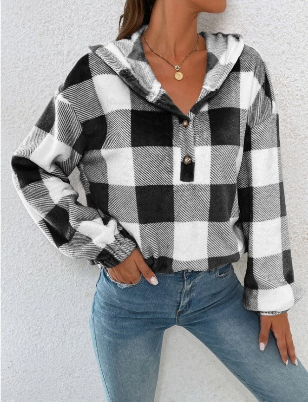 Buffalo Plaid Quarter Zip Cropped Hoodie - Black - 1