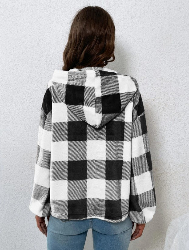 Buffalo Plaid Quarter Zip Cropped Hoodie - Black - 2