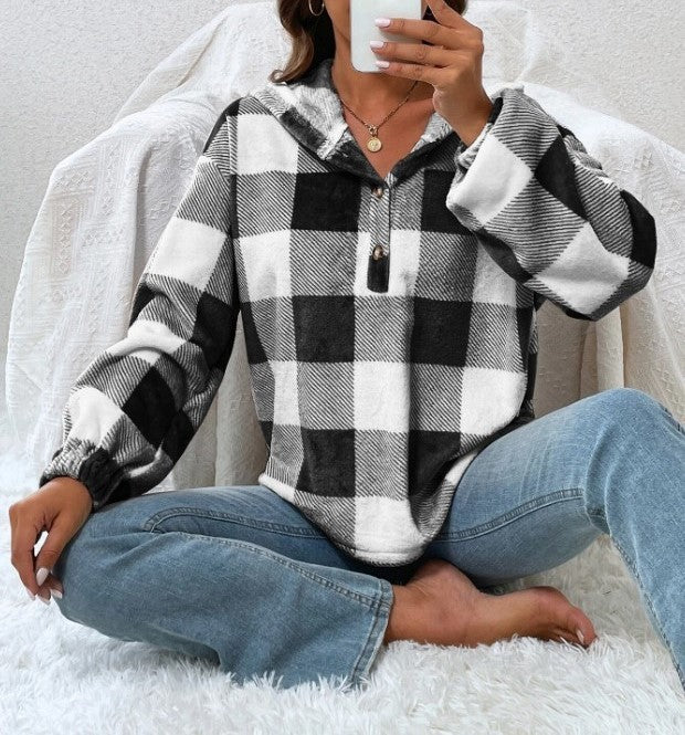 Buffalo Plaid Quarter Zip Cropped Hoodie - Black - 3