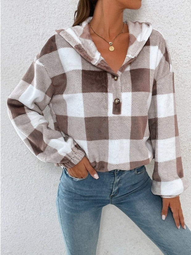 Buffalo Plaid Quarter Zip Cropped Hoodie - Brown
