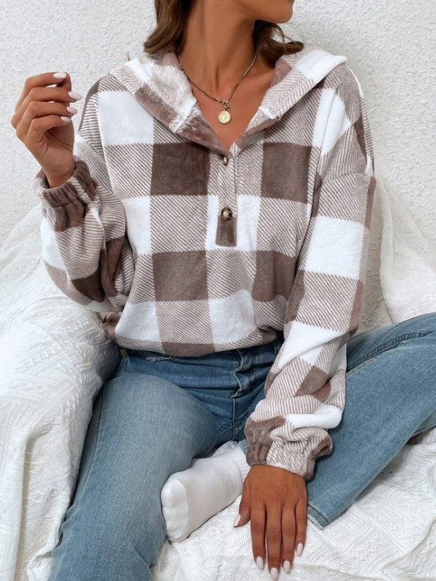 Buffalo Plaid Quarter Zip Cropped Hoodie - Brown - 1
