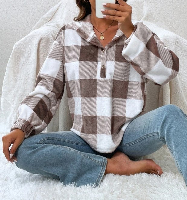 Buffalo Plaid Quarter Zip Cropped Hoodie - Brown - 2
