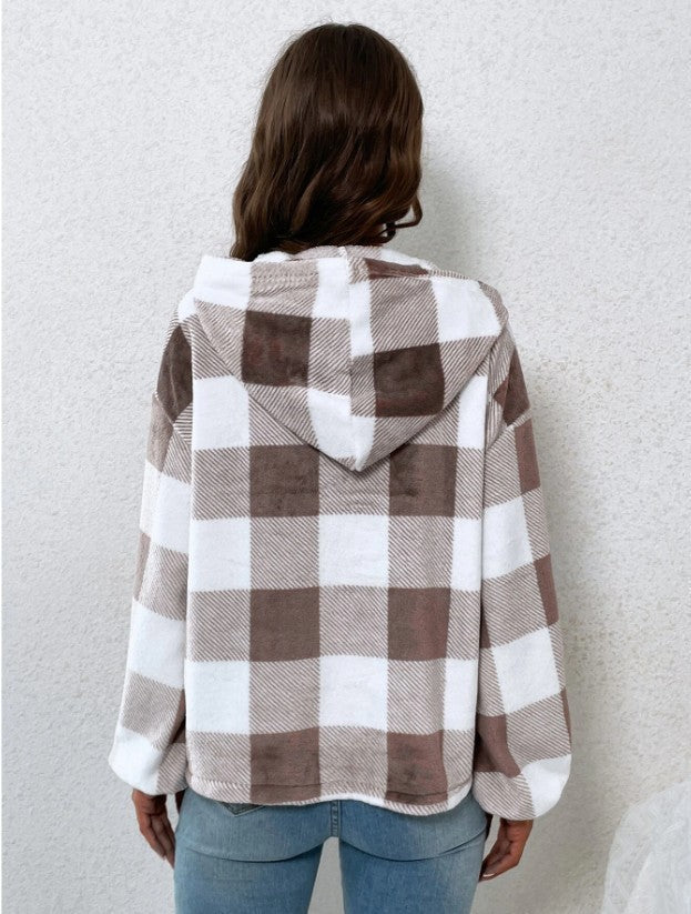 Buffalo Plaid Quarter Zip Cropped Hoodie - Brown - 3