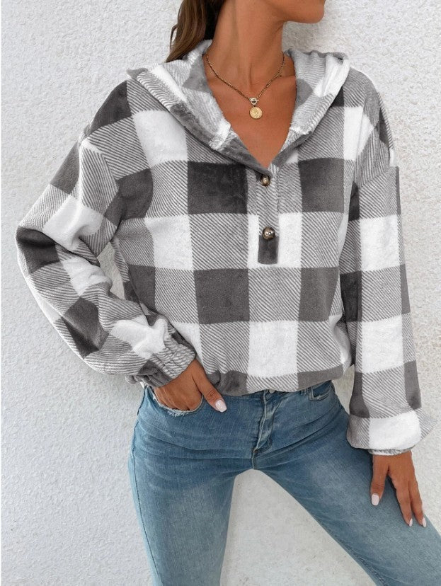 Buffalo Plaid Quarter Zip Cropped Hoodie - Grey