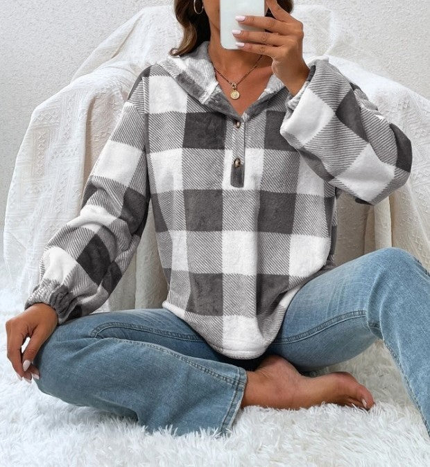 Buffalo Plaid Quarter Zip Cropped Hoodie - Grey - 1