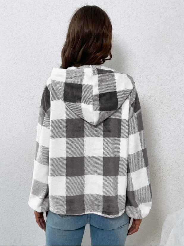 Buffalo Plaid Quarter Zip Cropped Hoodie - Grey - 2