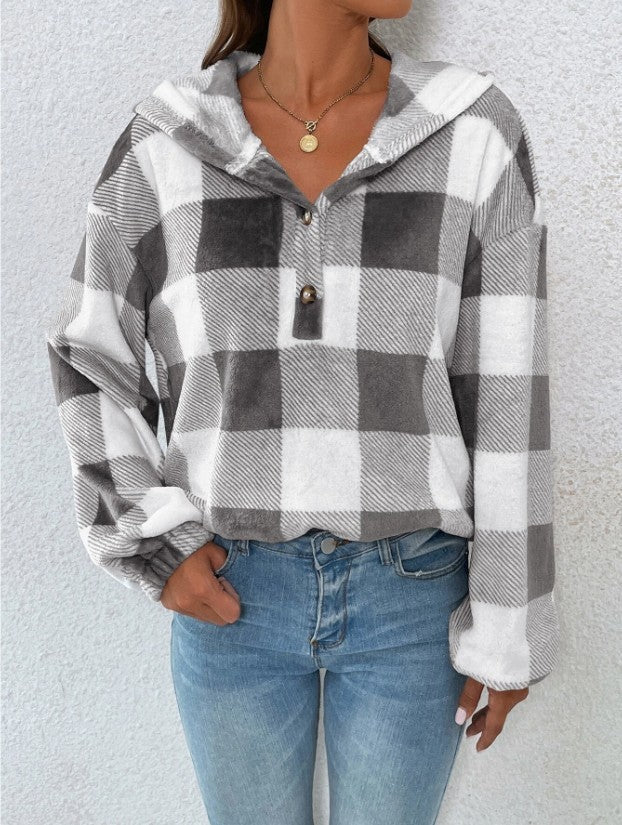 Buffalo Plaid Quarter Zip Cropped Hoodie - Grey - 3