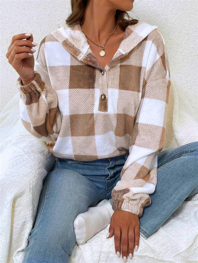 Buffalo Plaid Quarter Zip Cropped Hoodie - Khaki