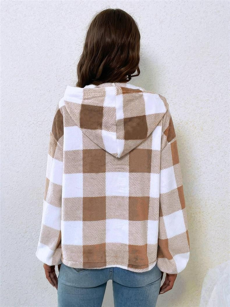 Buffalo Plaid Quarter Zip Cropped Hoodie - Khaki - 1