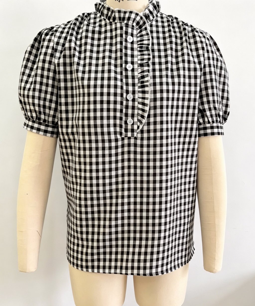 Gingham Check Puff Sleeve Ruffle Blouse - Black