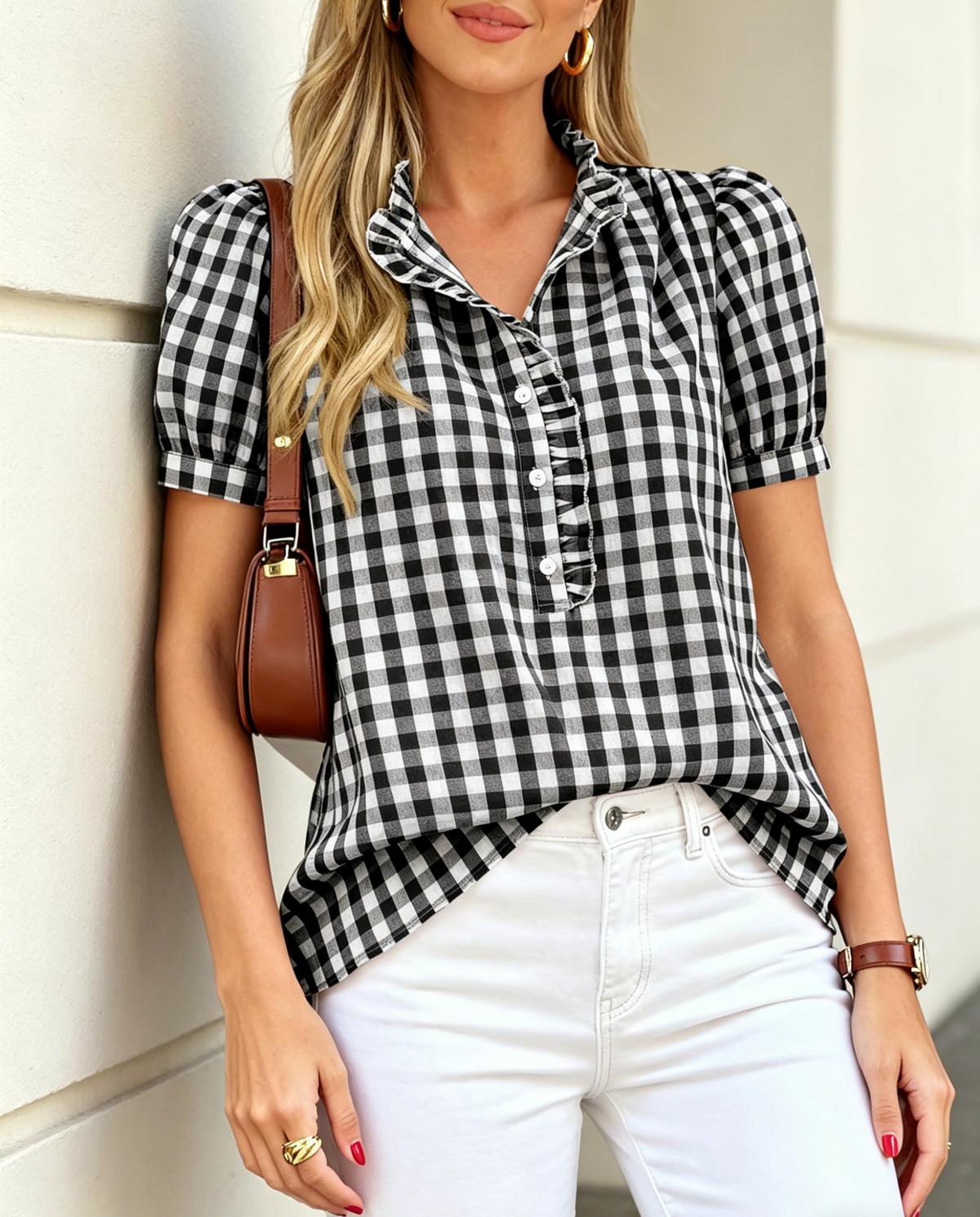 Gingham Check Puff Sleeve Ruffle Blouse - Black - 1