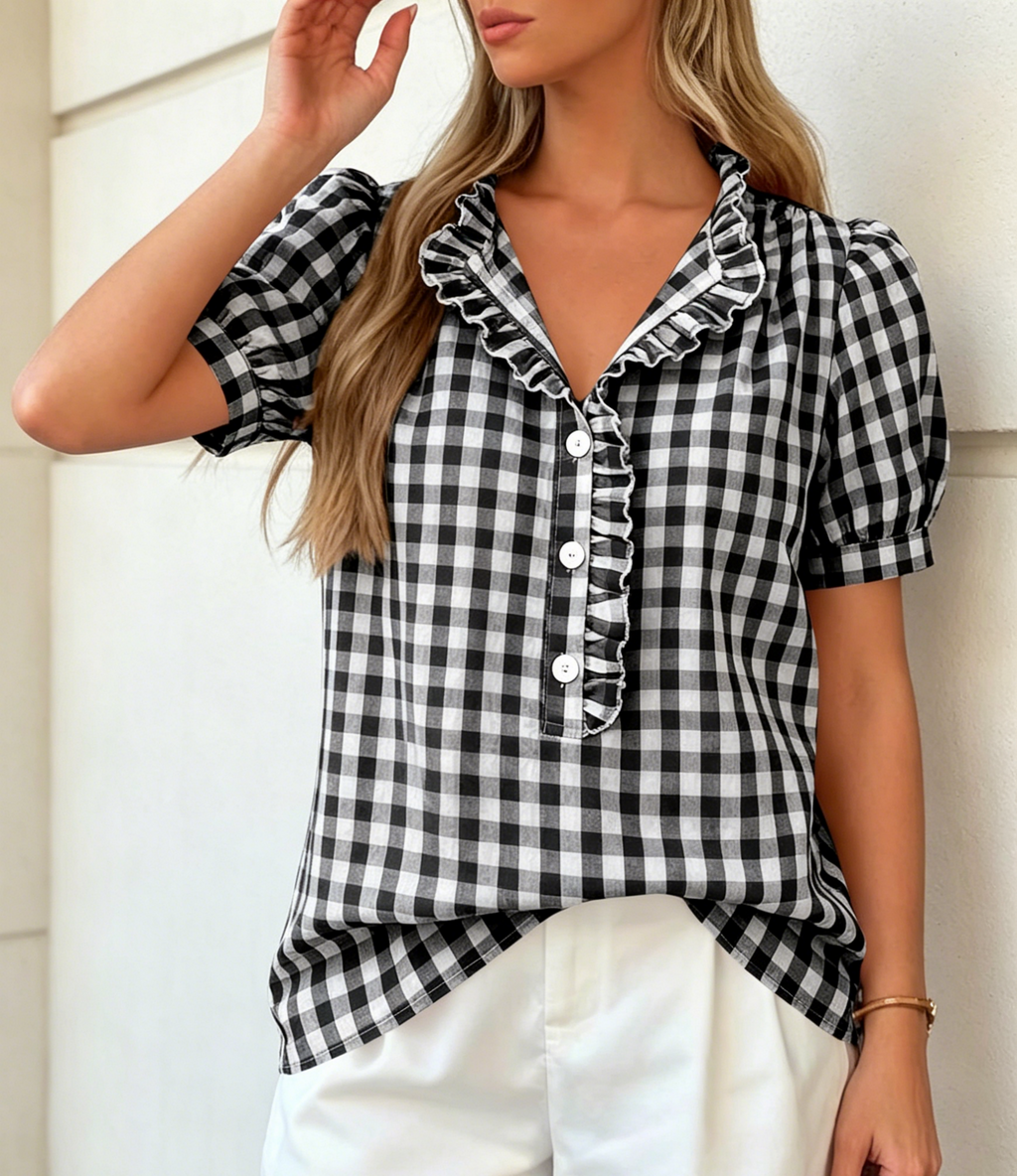 Gingham Check Puff Sleeve Ruffle Blouse - Black - 3