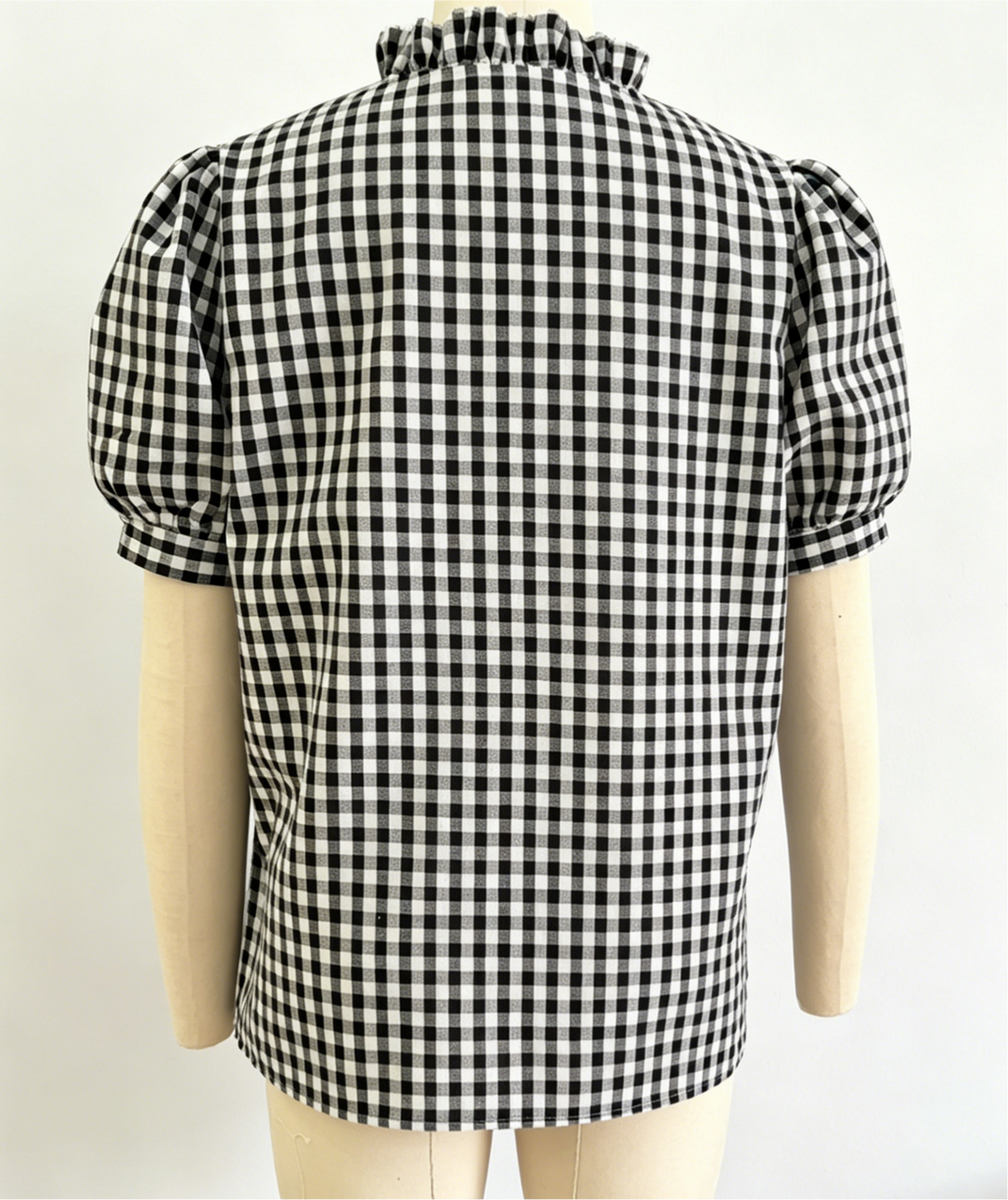 Gingham Check Puff Sleeve Ruffle Blouse - Black - 4