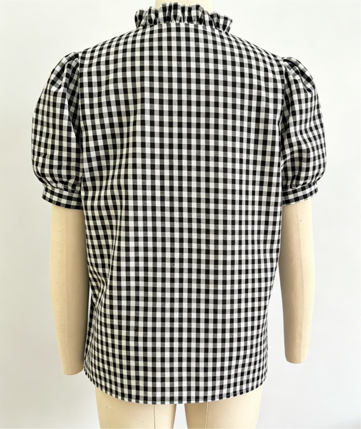 Gingham Check Puff Sleeve Ruffle Blouse - Black - 4