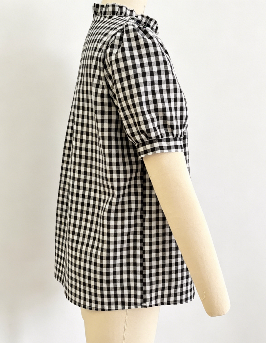 Gingham Check Puff Sleeve Ruffle Blouse - Black - 5