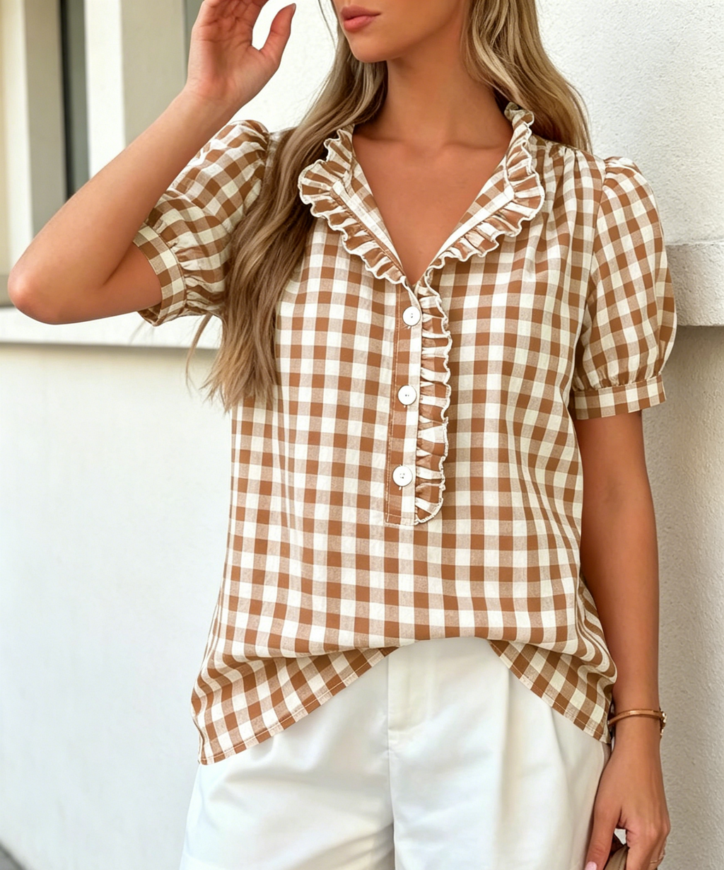 Gingham Check Puff Sleeve Ruffle Blouse - Khaki - 1