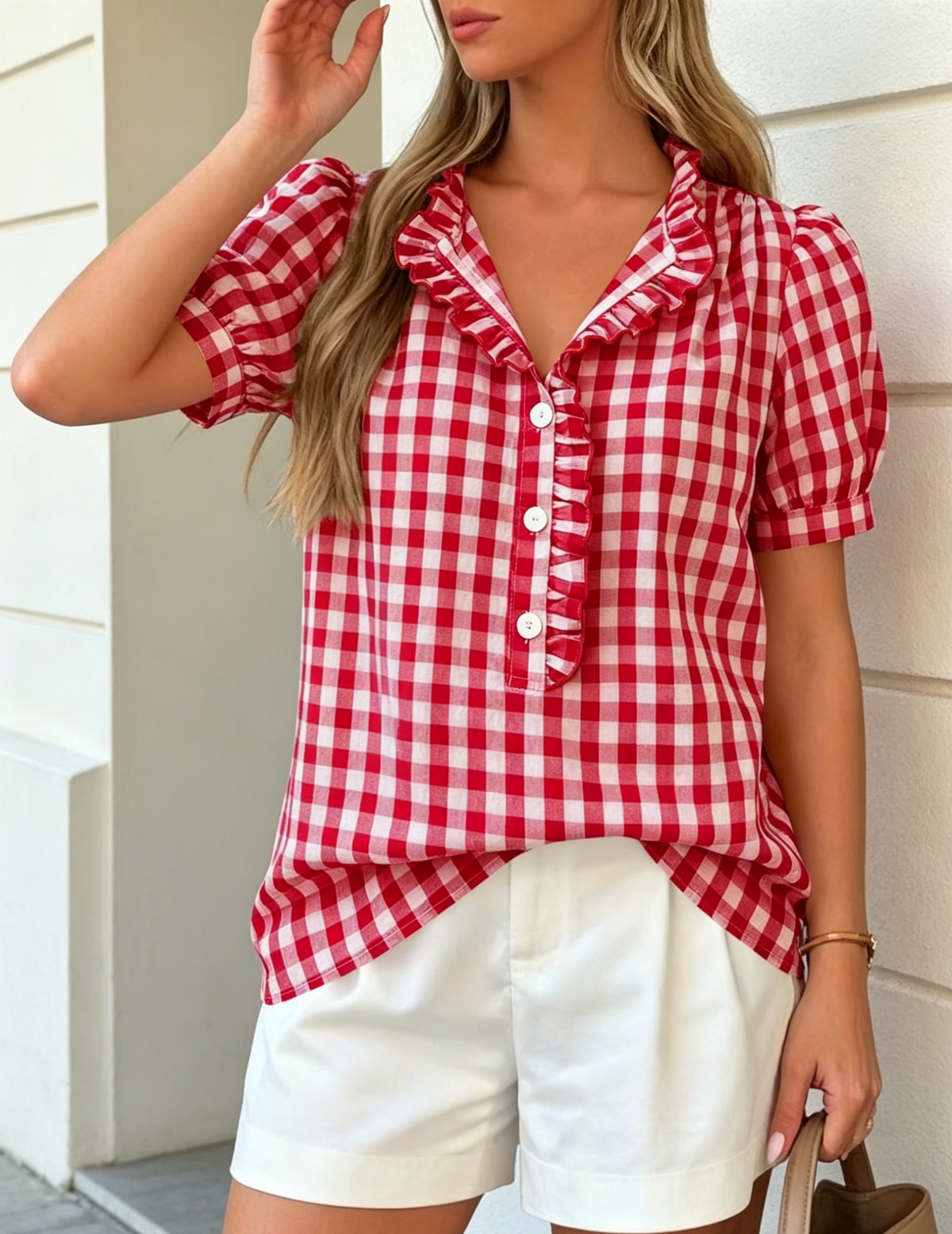 Gingham Check Puff Sleeve Ruffle Blouse - Red - 1