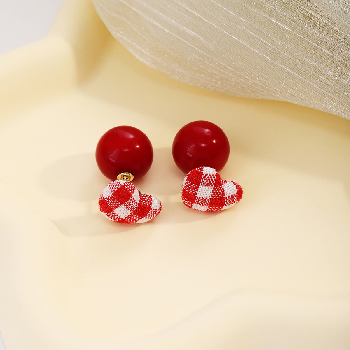 Gingham Heart Double Sided Stud Earrings - Red-L - 1