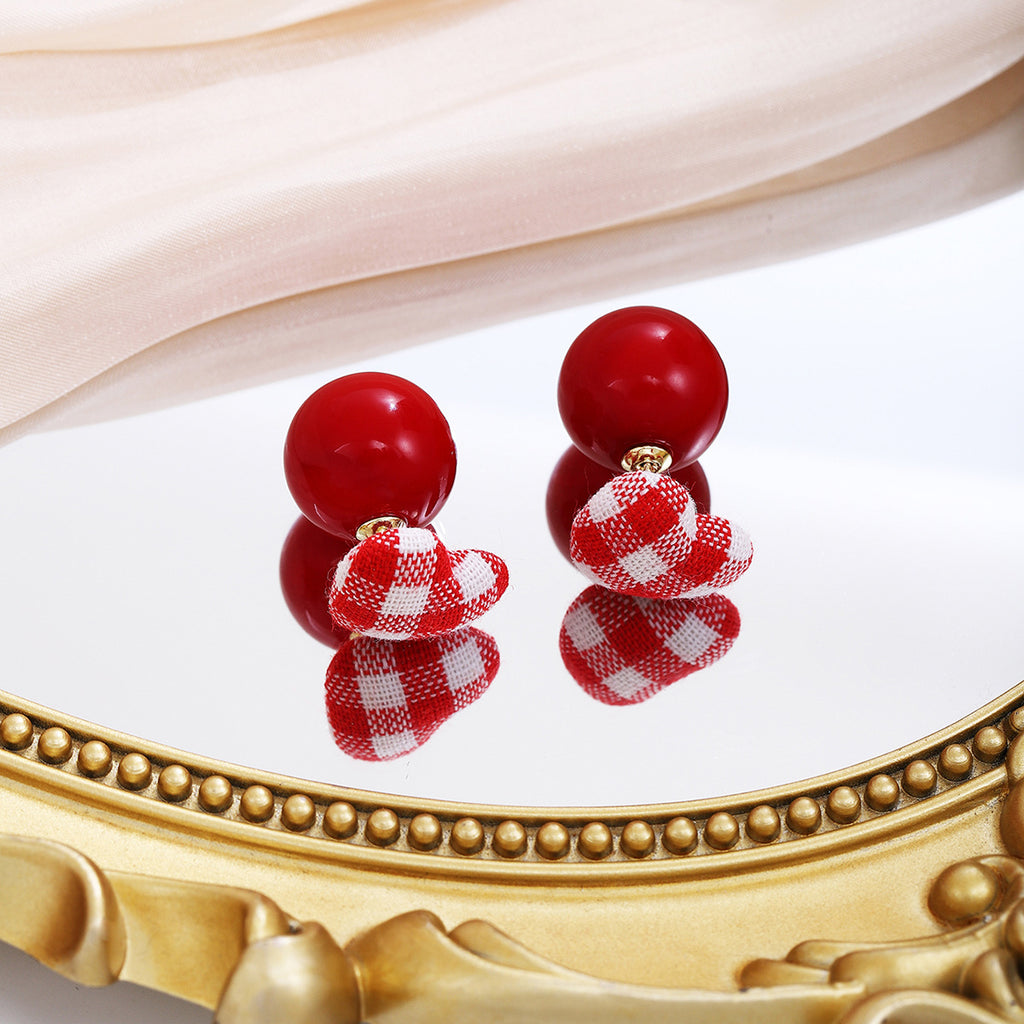 Gingham Heart Double Sided Stud Earrings - Red-L - 2