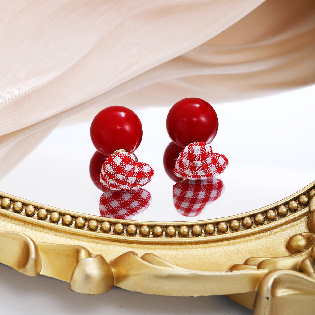 Gingham Heart Double Sided Stud Earrings - Red-S - 1