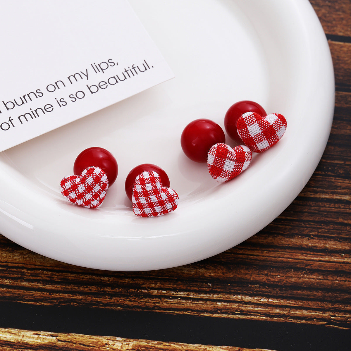 Gingham Heart Double Sided Stud Earrings - Red-S - 2