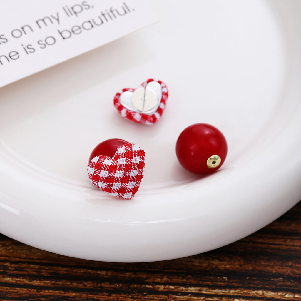 Gingham Heart Double Sided Stud Earrings - Red-S - 3