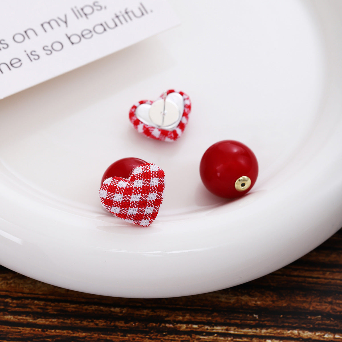 Gingham Heart Double Sided Stud Earrings - Red-S - 3