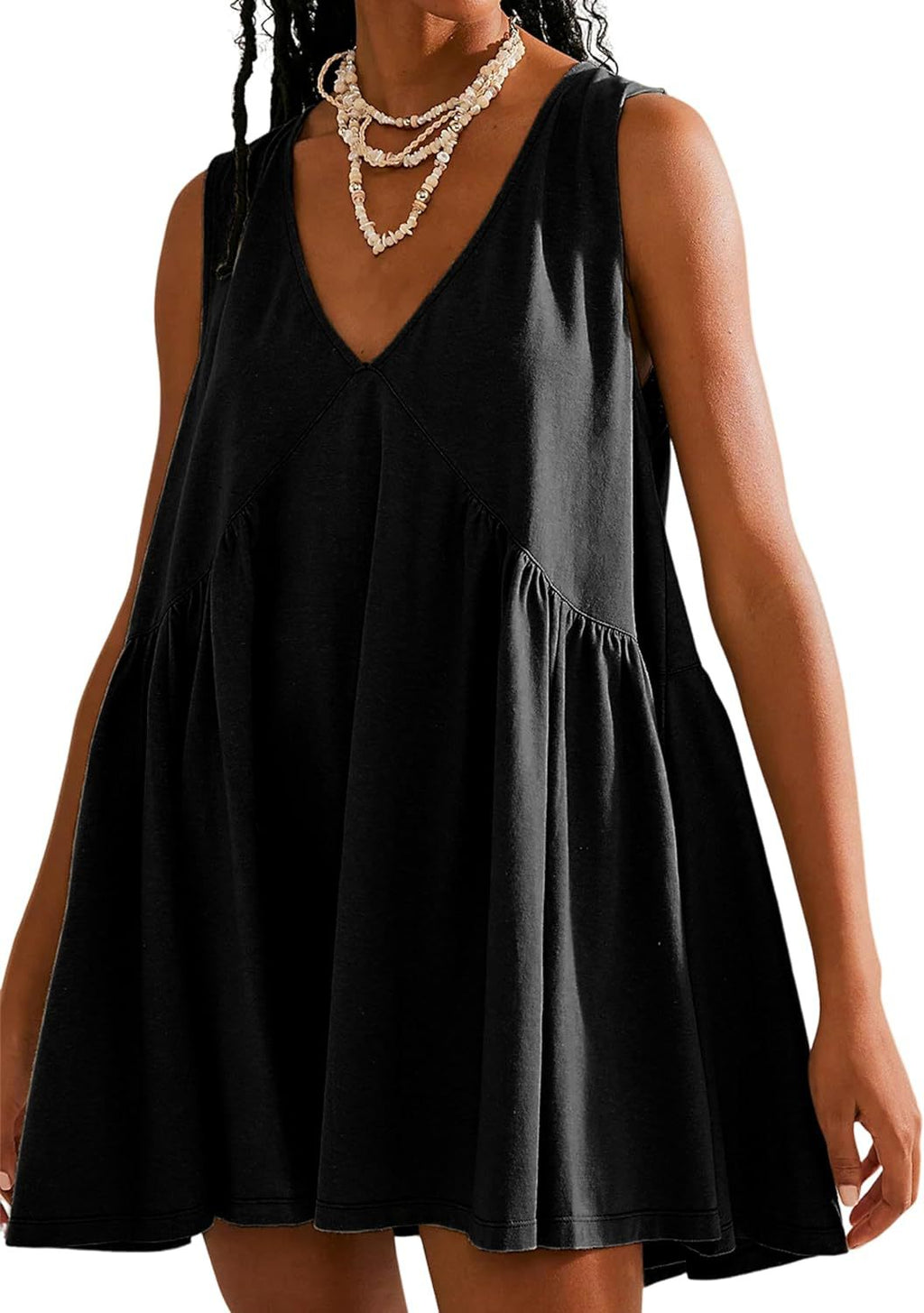 V Neck Sleeveless Babydoll Mini Dress - Black