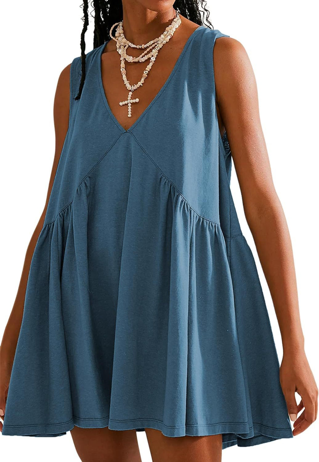 V Neck Sleeveless Babydoll Mini Dress - Blue
