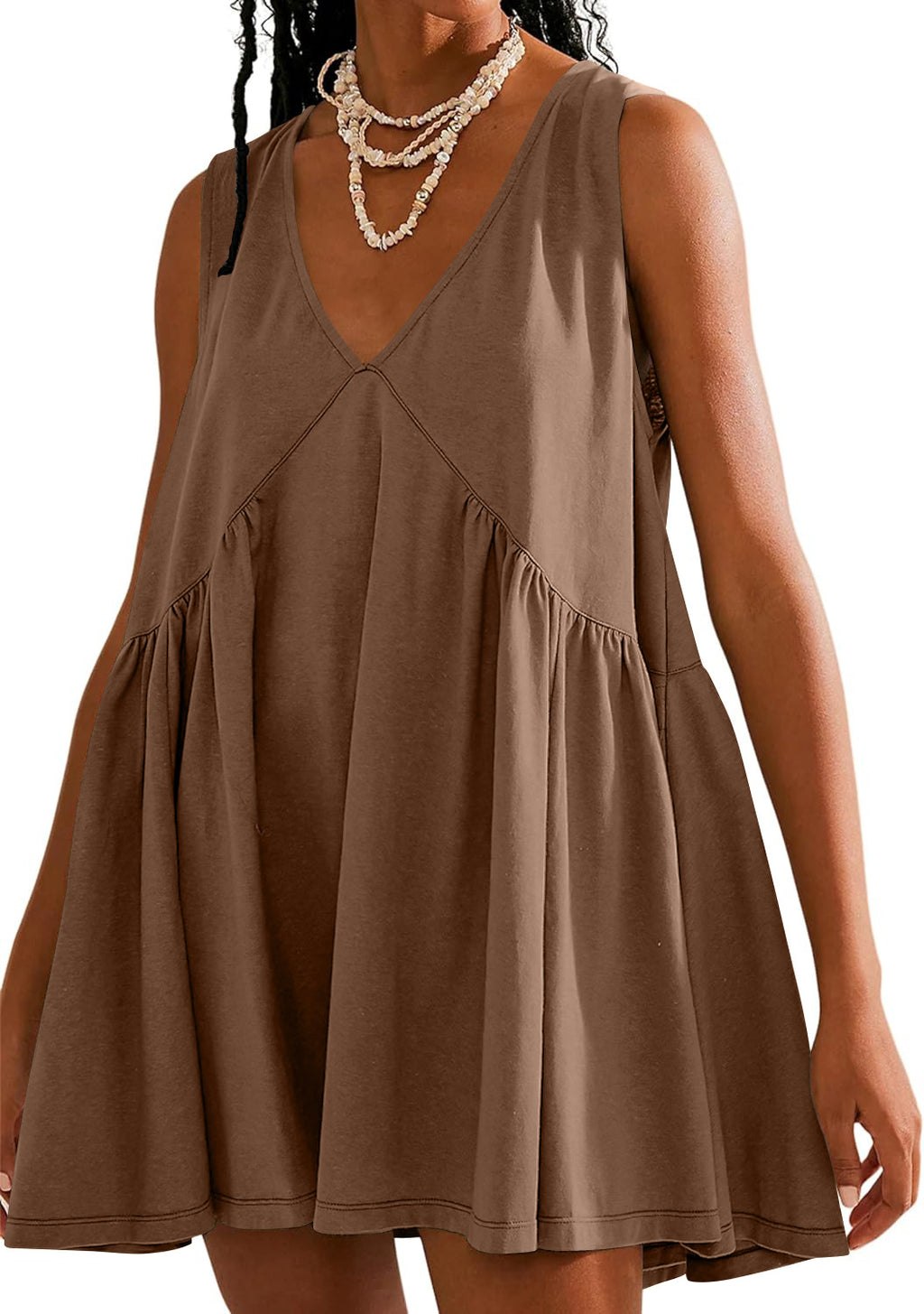 V Neck Sleeveless Babydoll Mini Dress - Coffee