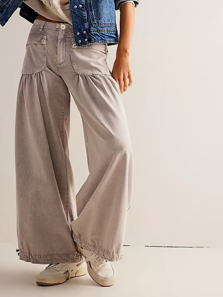 Cinch Tie Hem Balloon Leg Jeans - Beige