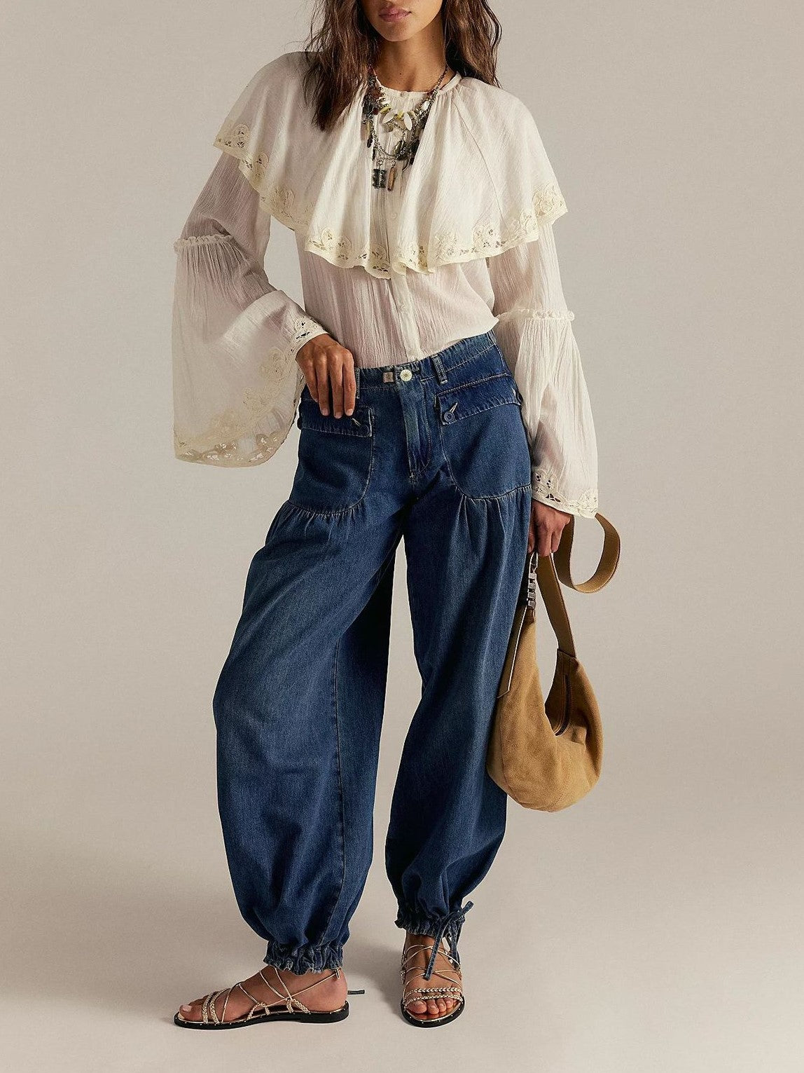 Cinch Tie Hem Balloon Leg Jeans - DarkBlue