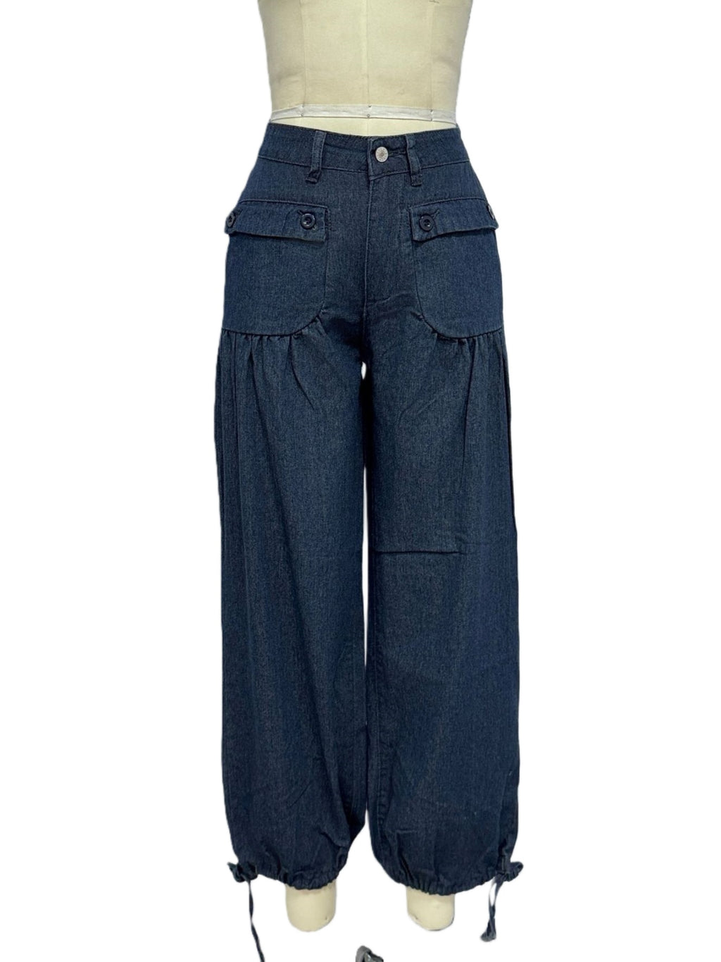 Cinch Tie Hem Balloon Leg Jeans - DarkBlue - 1